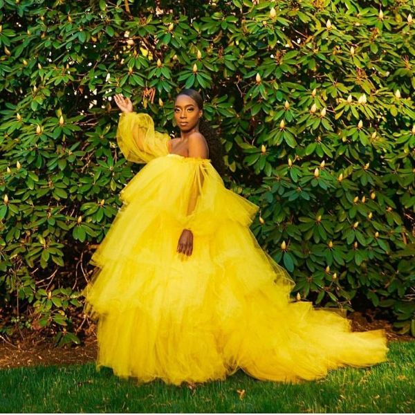 

casual dresses charming yellow tulle extra puffy ball gowns long sleeves strapless tiered layered women aso ebi, Black;gray