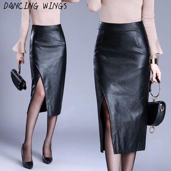 

skirts women pu leather pencil skirt black autumn winter sheath package hip high waist split bodycon saia
