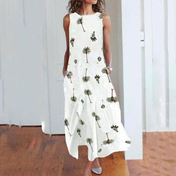 

casual dresses women sleeveless o-neck leaves maxi tank long dress tide fashion elegant lady, Black;gray