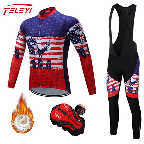 

racing sets teleyi winter thermal fleece long cycling jersey set ropa roupa de ciclismo invierno mtb bicycle clothing bike clothes wear, Black;blue