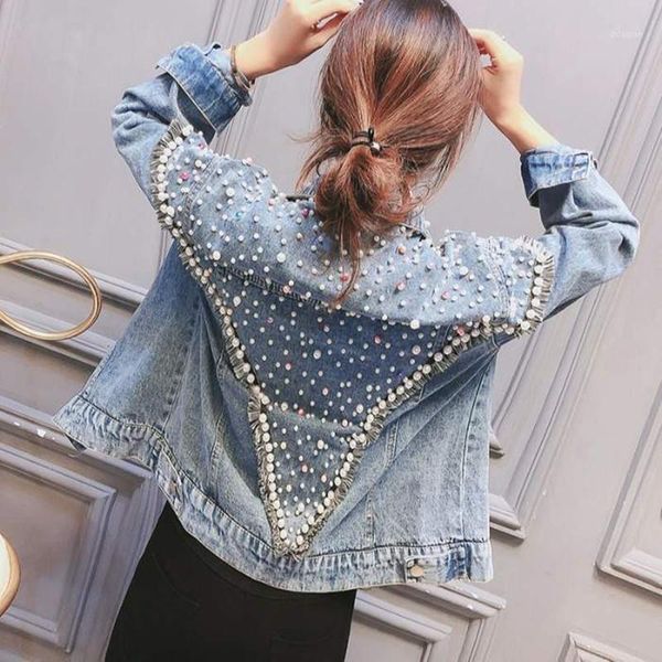 

women's jackets women autumn sweet college style fashion lace trim short denim jacket female heavy duty pearl beaded tassel, Black;brown
