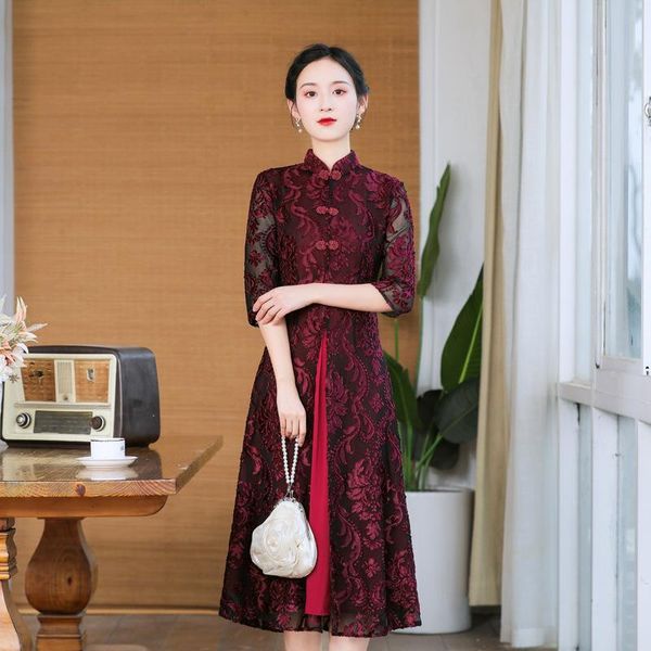 

ethnic clothing perspective lace chinese style cheongsam women flower vintage qipao formal party dress gown sheath mandarin collar vest, Red