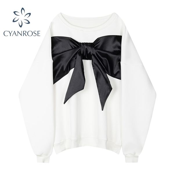 

white spring pullover sweatshirt women chest black big bownot bandage design korean crewneck ol loose sportswear 210515