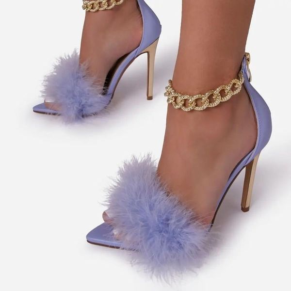 

dress shoes pointed toe shallow furry women thin high heels metal buckle chain decoration sandals daliy outdoor footwear female, Black