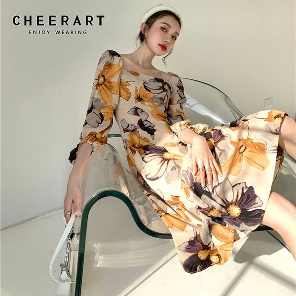 

fashion vintage lantern sleeve long dress women yellow floral print square neck backless court ladies 210427, Black;gray