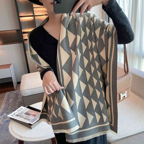 

design geometric autumn and versatile imitation cashmere women's 2021 new shawl warm long towel thickened jacquard wool scarf, Blue;gray