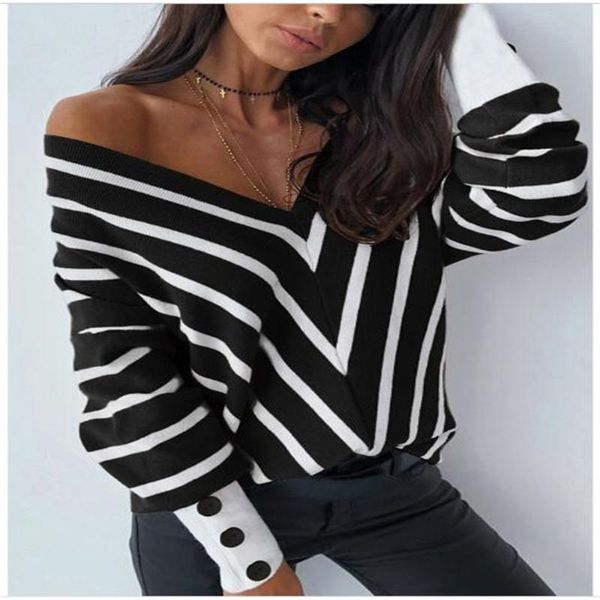 

women's sweaters product 2021 europe-usa style pullovers women/girl v-neck dew shoulder striped long sleeve casual loose kniting sweate, White;black