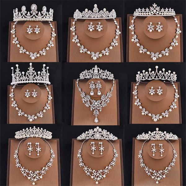 

bridal jewelry sets pearl tiaras and crowns necklace and earrings set head wedding jewelry king queen princess crown women party h1022, Silver