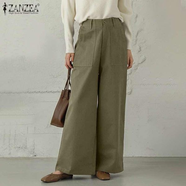 

women's pants & capris vintage retro women zanzea middle waist all-match trouser 2021 office ladies wide leg pant casual solid bottom o, Black;white