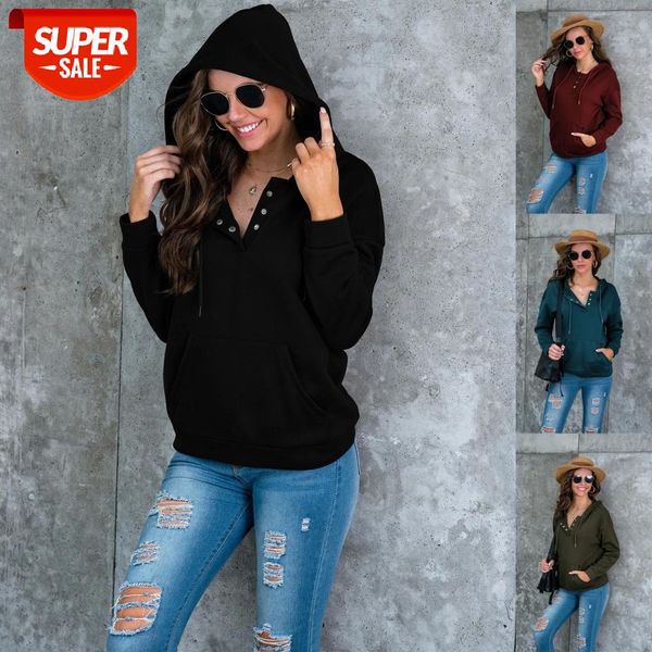 

women casual regular hoodies solid color long sleeve drawstring buttons hooded pullover with pocket ladies autumn daily wear #ts1u, Black