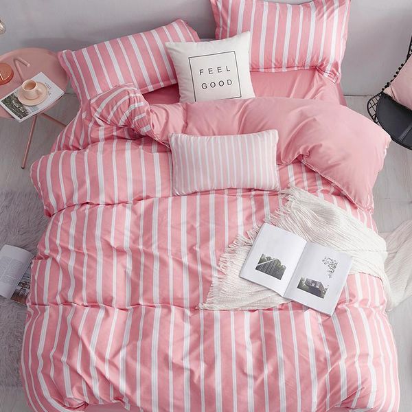 

bedding sets simple cute pink stripes linens twin/single/double/ size duvet cover+bedsheet+pillowcases girls bedclothes