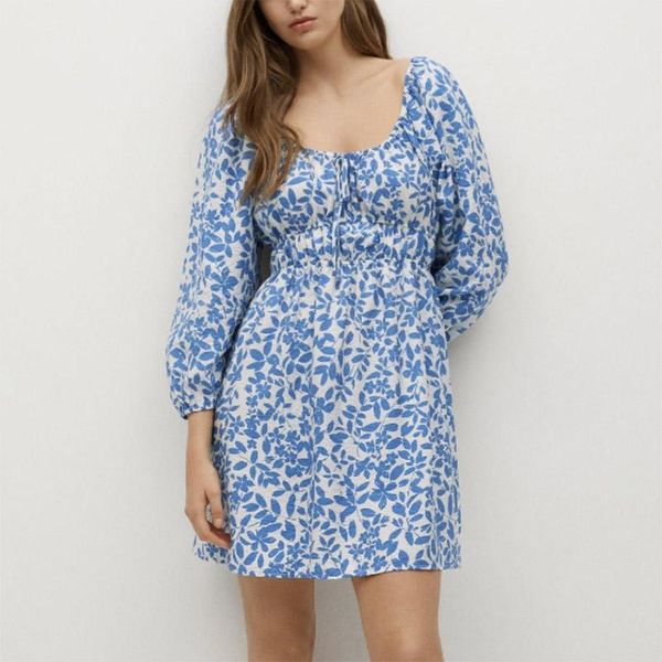 

casual dresses 2021 summer vintage floral print dress long sleeve elegant a-line lady square collar beach party mini, Black;gray
