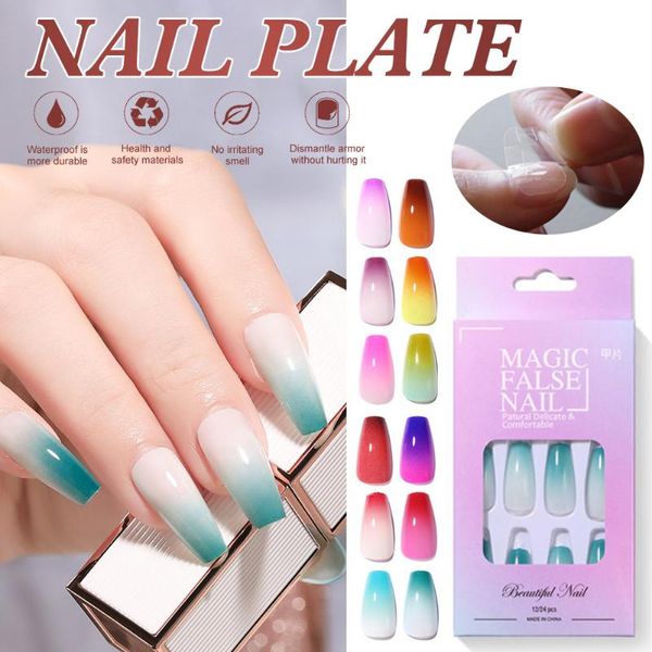 

false nails 24 pcs diy full cover nail tips coffin fake rainbow gradient candy trapezoidal ballet wearable, Red;gold