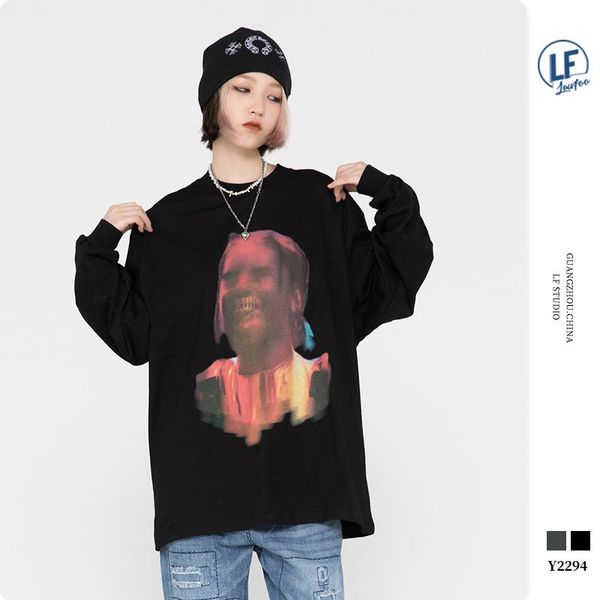 

men's t-shirts hip-hop graffiti portrait printed loose long-sleeved t-shirt, White;black