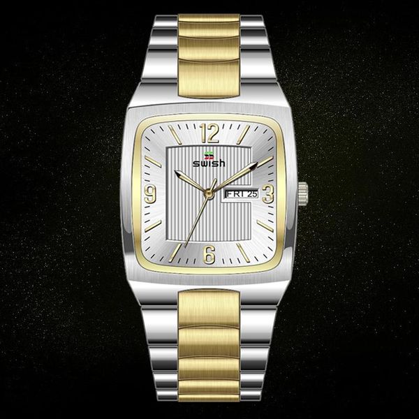 

wristwatches swish men watch quartz waterproof male watches steel sports clocks with date relogio masculino, Slivery;brown