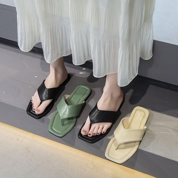 

slippers 2021 woman sandals fashion summer outside home flat heel solid color women's shoes flip flops large size 35-42, Black
