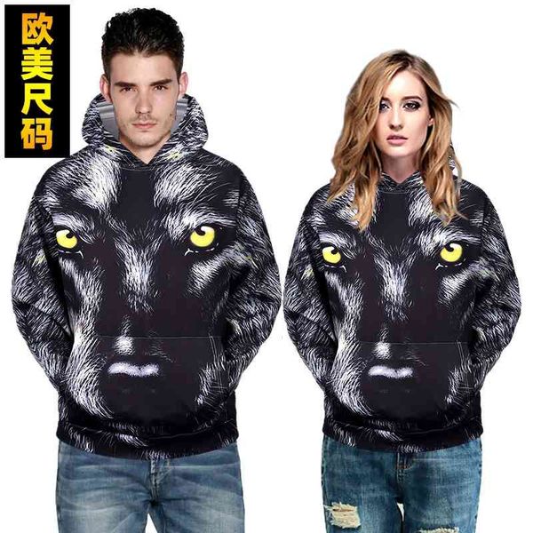

european fashion brand digital printed wolf head hoodie men's 3d sweater, Black
