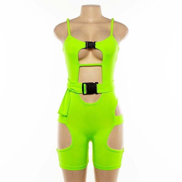 

women's jumpsuits & rompers club neon color playsuit skinny biker hollow out buckle sleeveless women streetwear bodycon strap short jum, Black;white