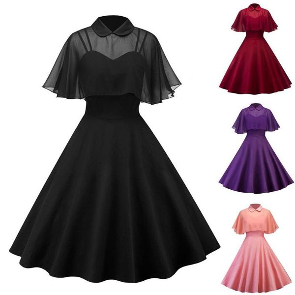 

casual dresses vintage dress mid waist a-line big swing two pieces trendy women with chiffon cape for daily wear, Black;gray