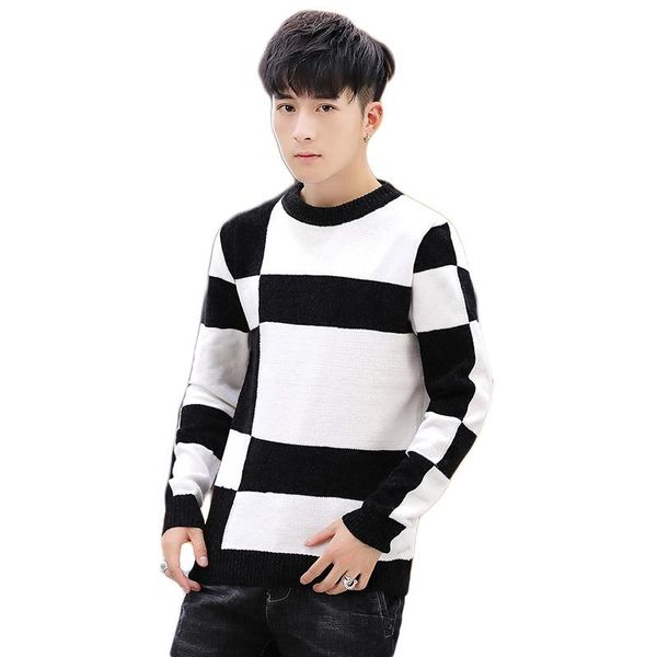 

men's sweaters color block sweater men autumn winter knitted crew neck long sleeve streetwear loose pullovers mens jumper, White;black