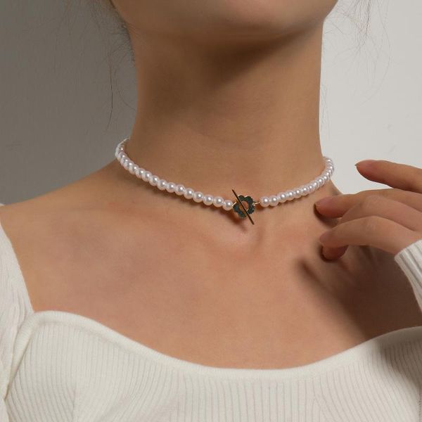 

chokers fashion pearl choker necklace bead chain for women flower lariat lock collar jewelry party charm, Golden;silver