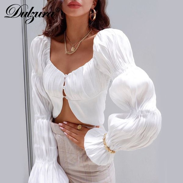 

dulzura cardigan ruched button puff long sleeve women crop shirts patchwork elegant 2021 summer clothes streetwear club sexy, Black;white
