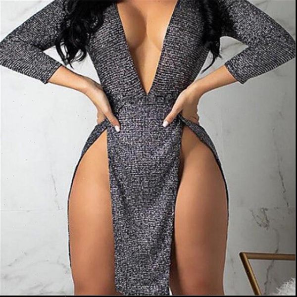 

fashion women dress solid sparkly deep v neck long sleeve bandage bodycon mini party gown clubwear, Black;gray