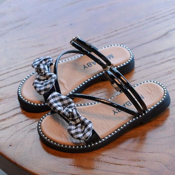 

slipper 2021 summer baby girls fashion white plaid bowtie slippers princess black beach shoes toddler kids pu soft non-slip, Black;grey