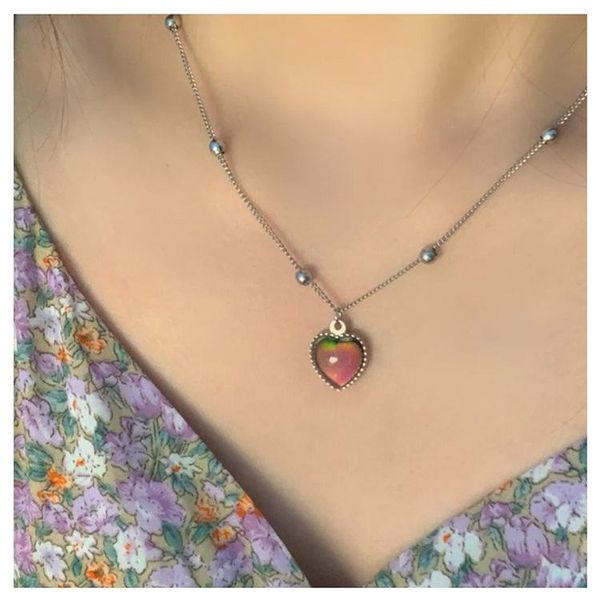 

chains stainless steel woman necklace peach heart love pendant temperature control color change chain jewellery women, Silver