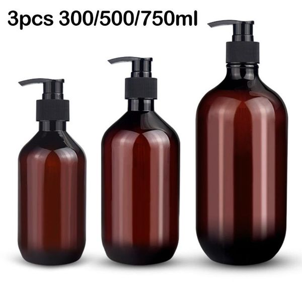 Dispenser di sapone liquido 3PCS 300/500/750ml Bottiglie di shampoo Marrone Pompa in PET Bottiglia vuota Bagno Doccia Gel Balsamo Supporto riutilizzabile