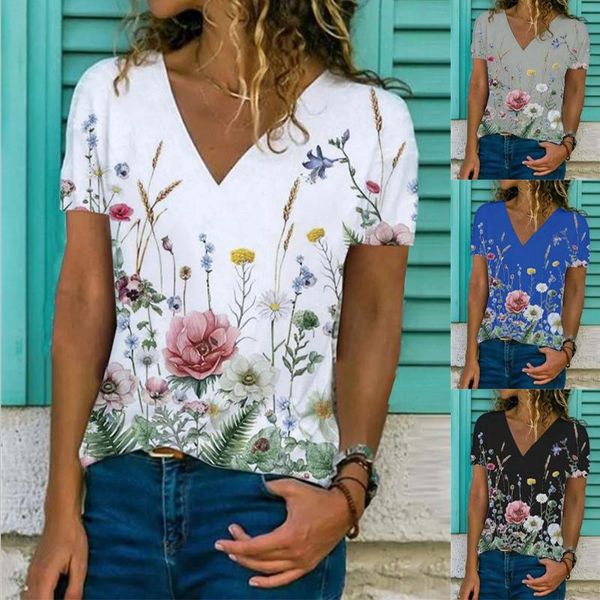 

women's t-shirt summer flower print casual loose shirt retro v-neck short sleeve fashion women oversize pullover tshirt blusa de mujer, White