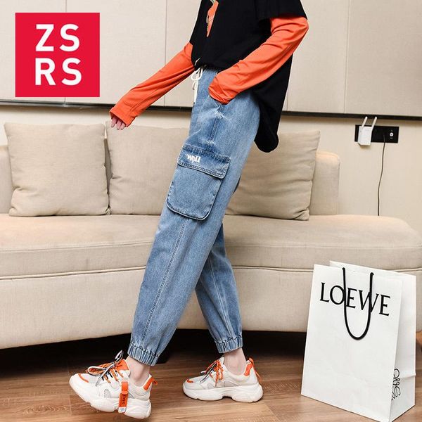 

women's jeans zsrs 2021 harem pants vintage high waist woman boyfriends pockets jean mom cowboy denim trousers, Blue