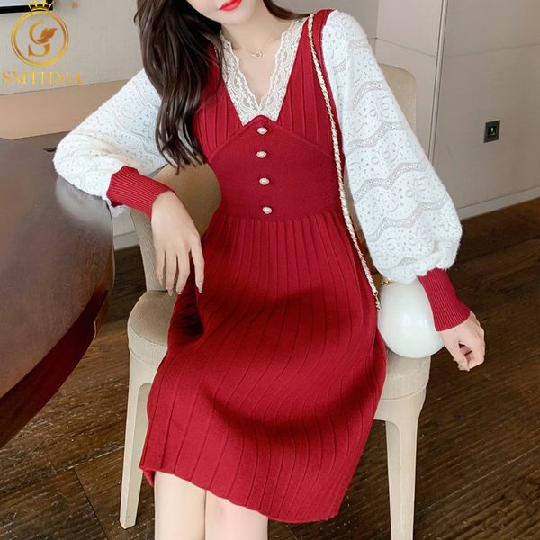 

woman elegant autumn spring red sweater dresses lace patchwork long sleeve a-line knit vestido da festa 210520, Black;gray