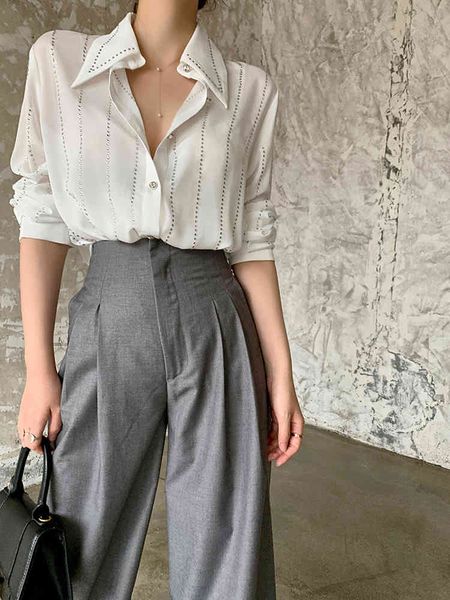 

blends elegant diamond bling chiffon female shirt white sleeve and mujer fashion blouses, Black
