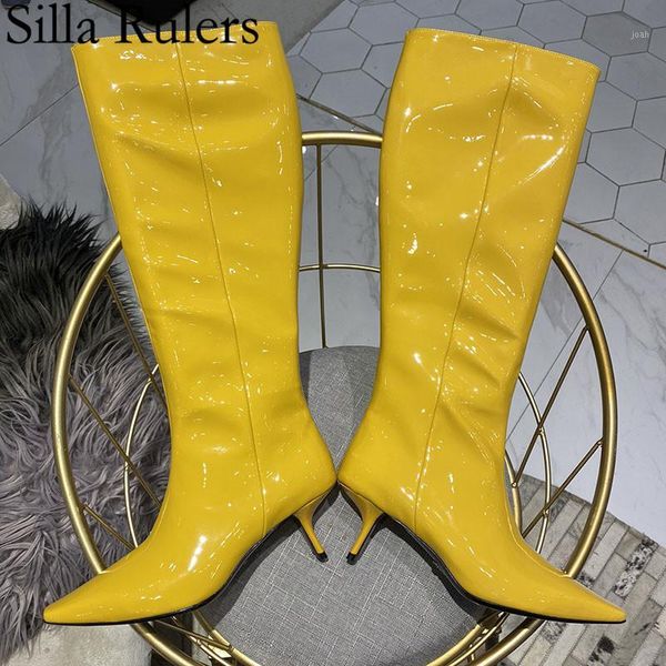 

boots runway pointed toe knee women kitten heels patent leather for woman genuine knight long1, Black