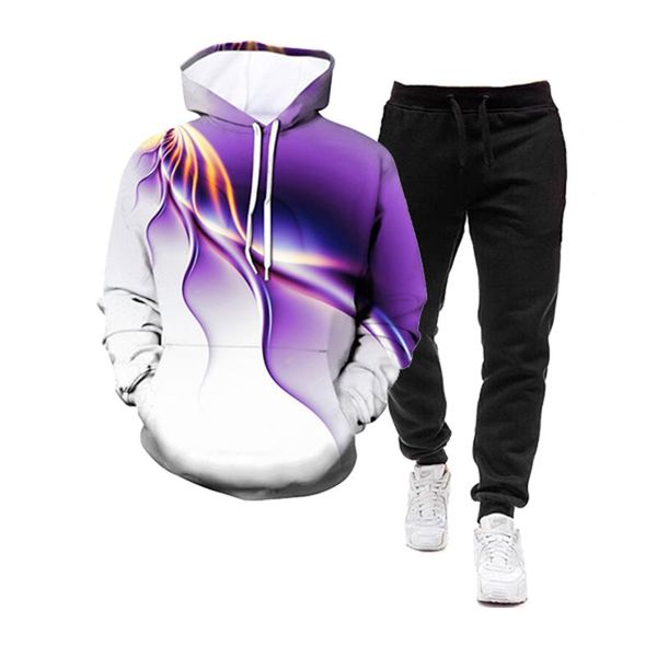 Tute da uomo Tuta autunnale 2 pezzi Top e pantaloni Viola Bianco Tute da uomo Set Stampa 3D Taglie forti Felpa con cappuccio Set da jogging per uomo Clo