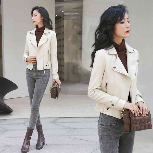 

2021 spring and autumn new women's pu motorcycle leather short korean slim fit large size coat small leather jacket, Black