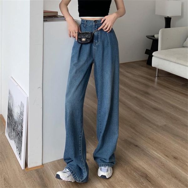 

women's jeans woman 2021 autumn fashion straight pants high waist casual mom baggy jean female full length loose denim boyfriend trouse, Blue