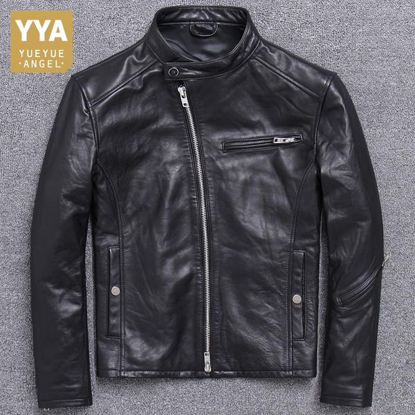 

men's leather & faux mens natural sheepskin biker jacket slim fit stand collar genuine windproof riding outwear plus size, Black
