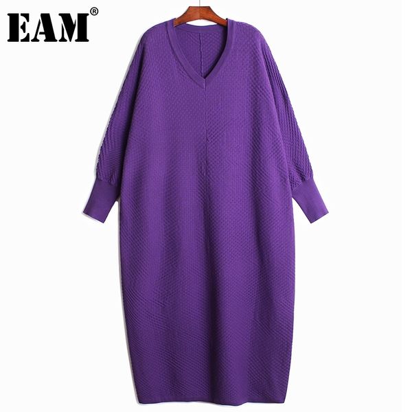

[eam] women purple big size casual knitting dress v-neck batwing long sleeve loose fashion spring autumn 1dd8229 210512, Black;gray