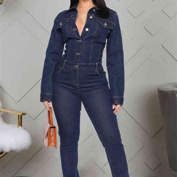 

rmsfe 2021 european and american fashion women's long sleeve lapel single breasted slim fit jeans jumpsuit, Black