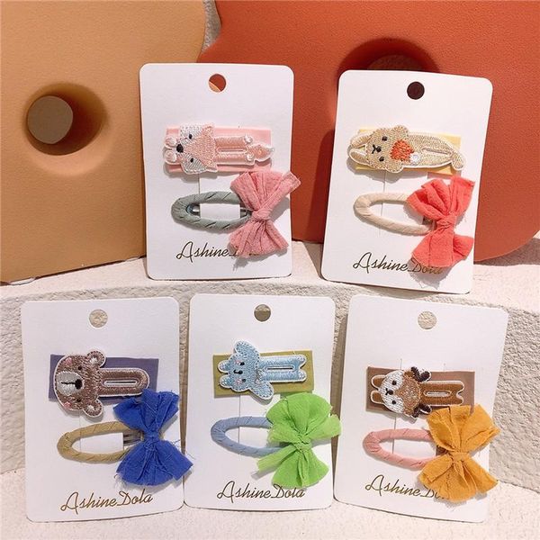 

pcs sweet girl baby cute cartoon embroidery animal bear deer bb clip fashion children's bow hairpins kids hair accessories, Slivery;white