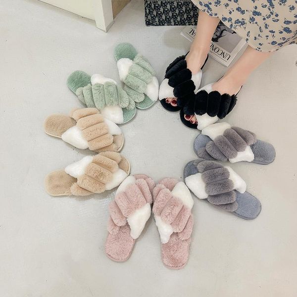 

slippers women's flat shoes korean style fashion color-blocking plush, Black