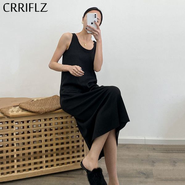 

summer knitting cotton dress women loose sleeveless casual o-neck solid tank midi crriflz 210520, Black;gray