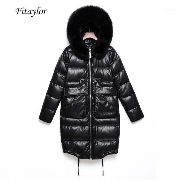 

women's down & parkas fitaylor winter white duck parka hooded large real fur collar warm faux soft leather coats female bomber outerwea, Black