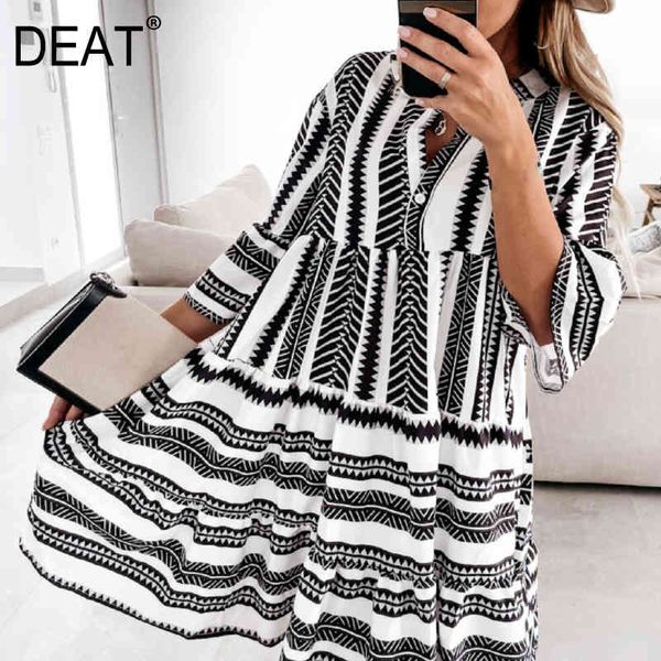 

[deat] summer new fashion tide v-neck high waist long sleeve printing elegant loose bohemian style dress women 13q006 210430, Black;gray