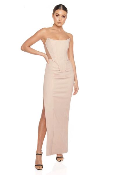 

dress apricot satin bodice bandage evening dress, Black;gray