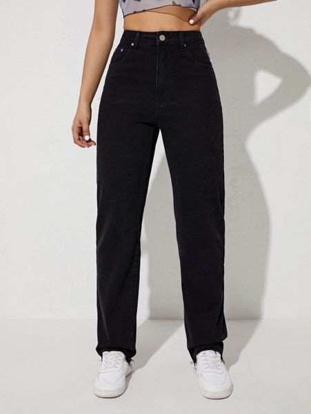 

high waist raw hem straight leg jeans 82kr#, Blue