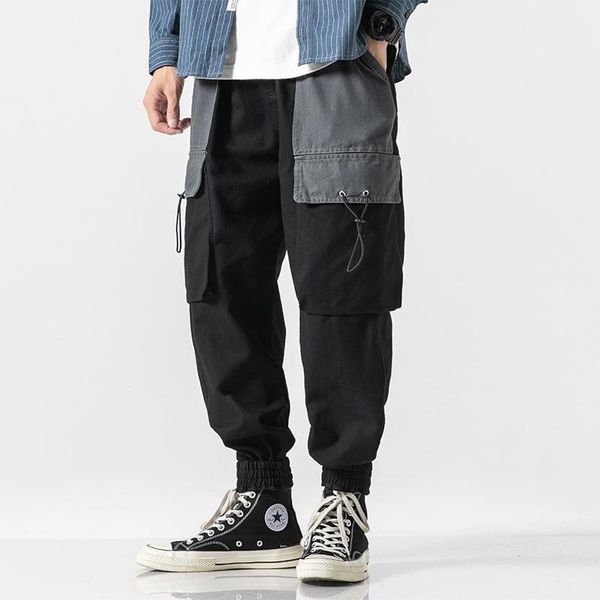 

men's pants men fashion splice multi-pocket loose casual cargo male streetwear hip hop cotton harem trouser jogger sweatpants, Black