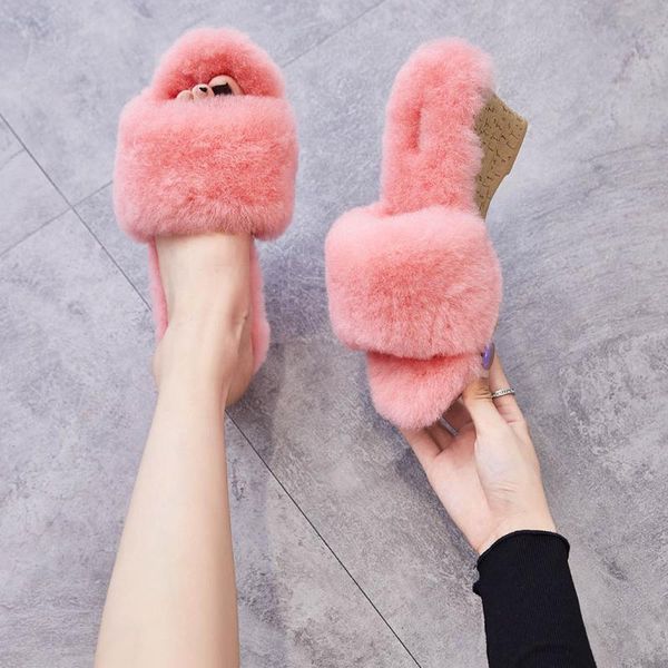 

wool women's slippers fluffy platform shoes fashion slides fur high heels indoor wedge, Black